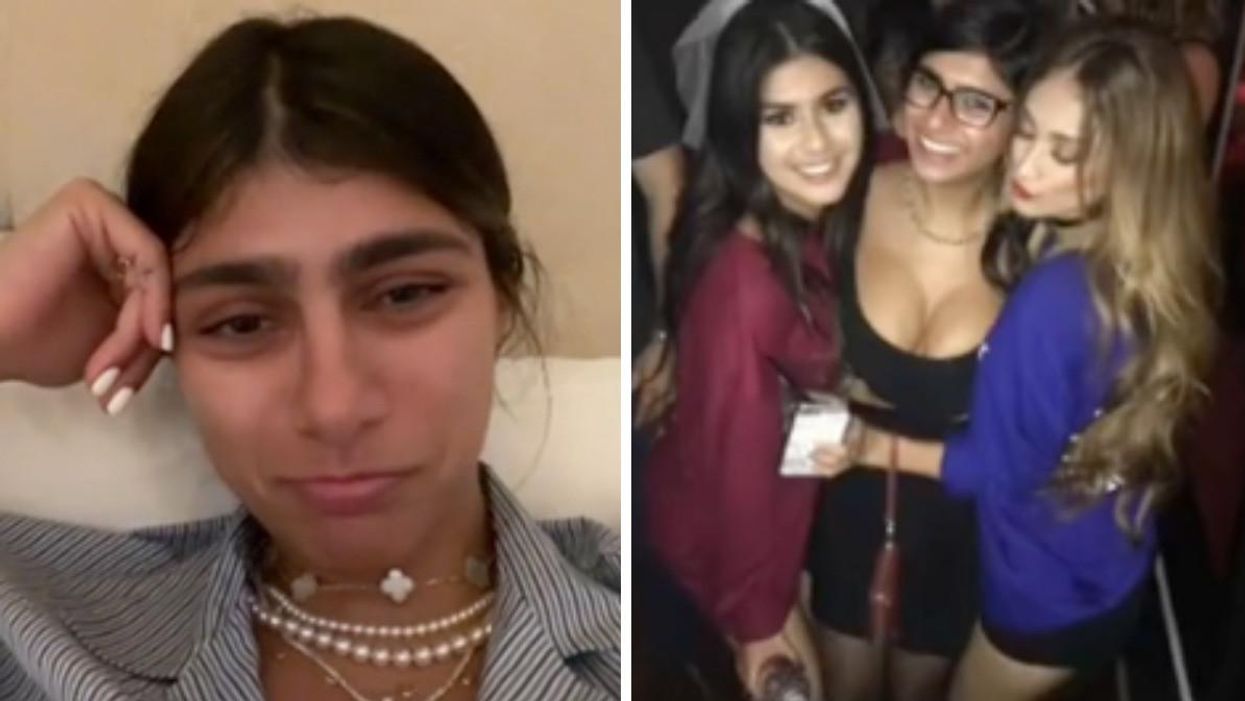 Mia Khalifa on TikTok. Right: Mia Khalifa at a bachelorette party in 2016.