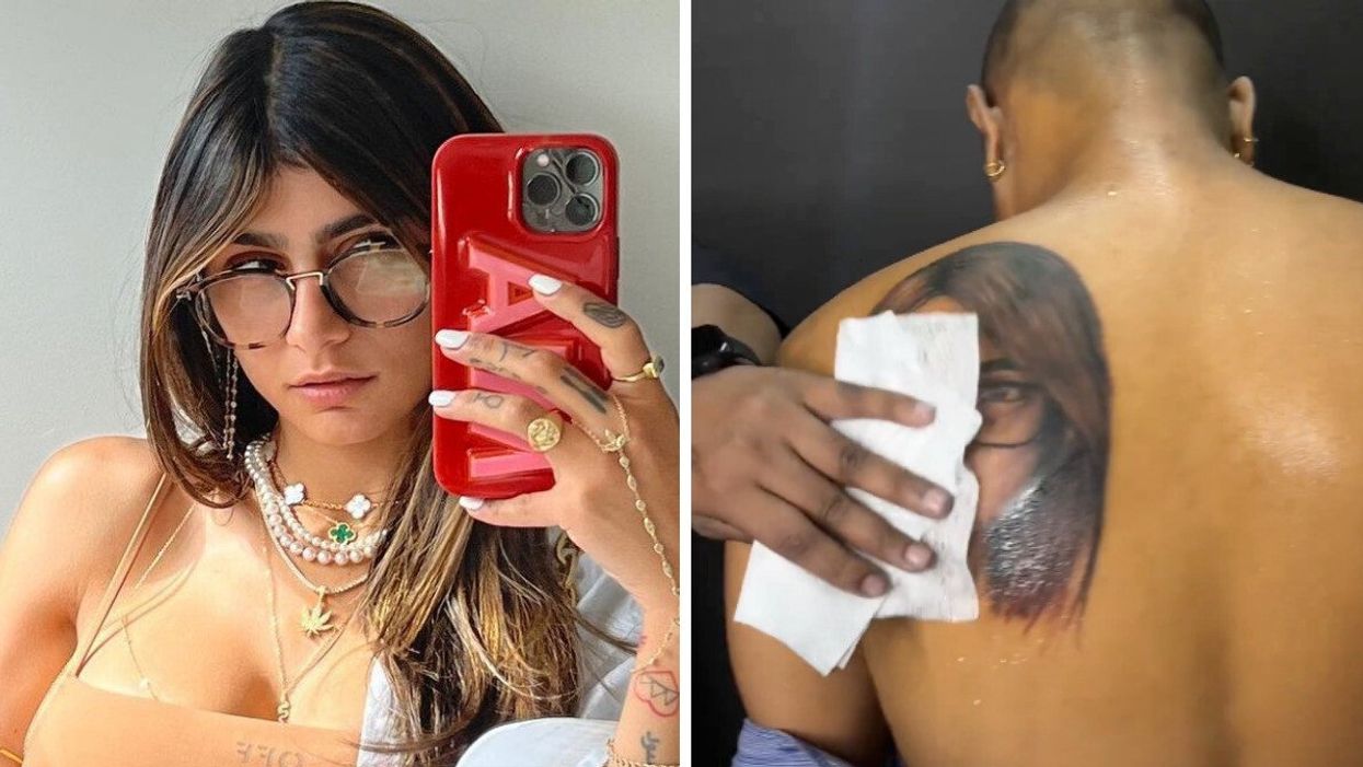 Mia Khalifa. Right: A man with a Mia Khalifa tattoo.