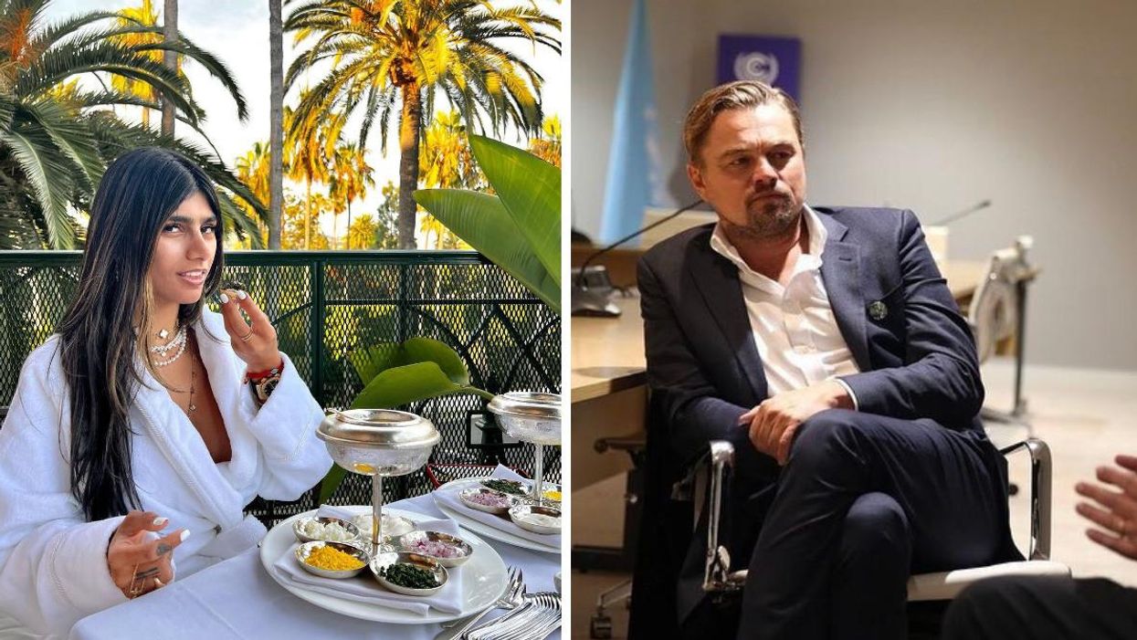 Mia Khalifa. Right: Leonardo DiCaprio.
