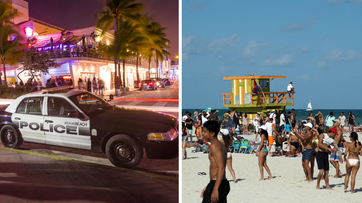 Miami Beach Police car. Right: Spring breakers in Miami.
