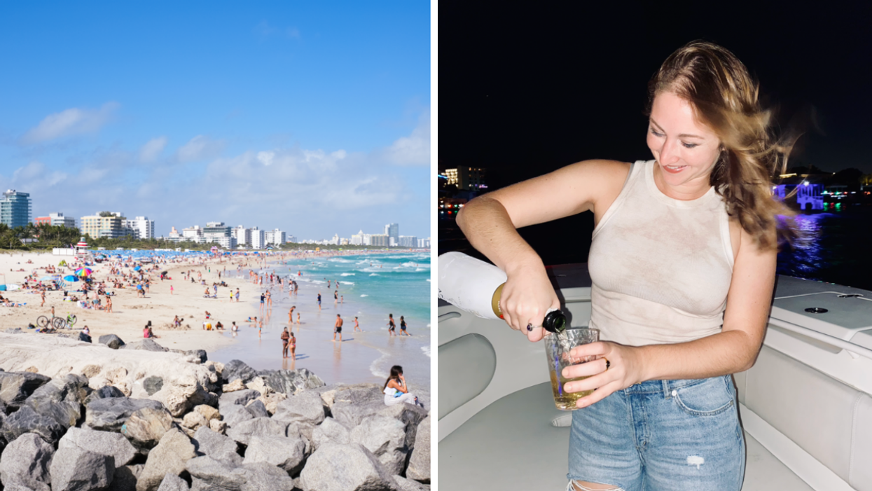 Miami Beach. Right: Associate Editor, Jenna Kelley, pouring a glass of champagne.