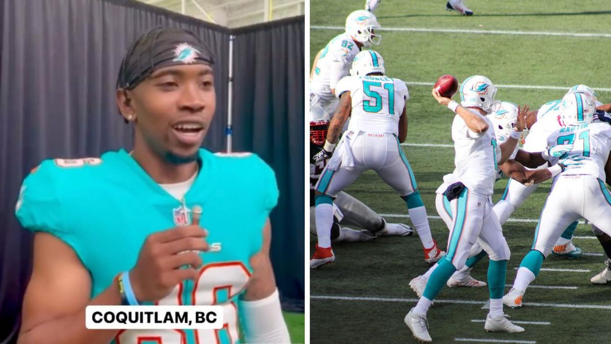 Miami Dolphins football player speaking. Right: Miami Dolphins playing a game of football.