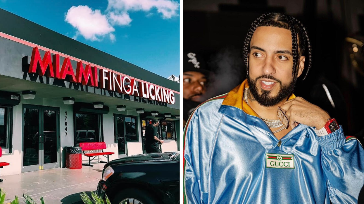 Miami Finga Licking. Right: French Montana in a blue Gucci sweater.