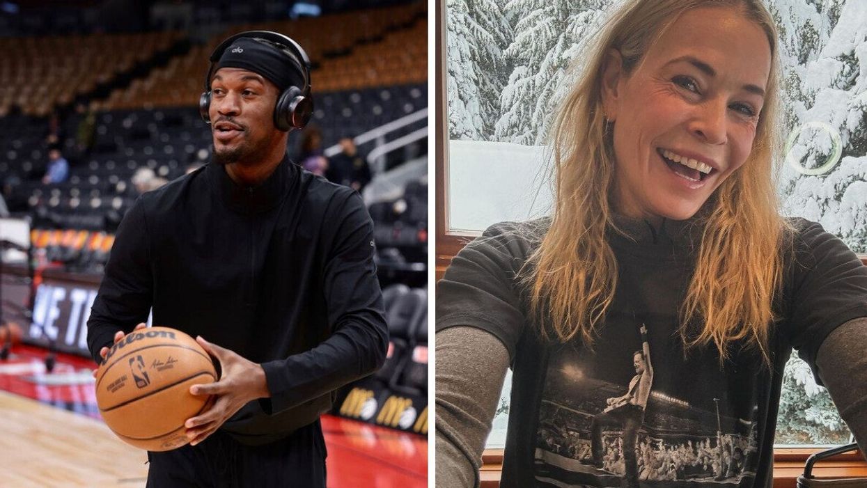 Miami Heat athlete Jimmy Butler holding a basketball. Right: Chelsea Handler wearing a Bruce Springsteen T-shirt and smiling at the camera.