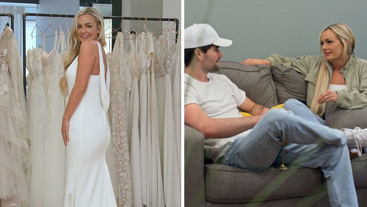 Micah Lussier trying on a wedding dress on 'Love Is Blind.' Right: Paul Peden and Micah Lussier on 'Love Is Blind.'