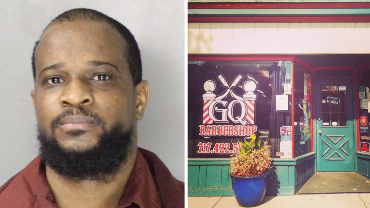 Michael Baltimore's mug shot. Right: GQ Barbershop in Carlisle, PA, where he committed a crime.