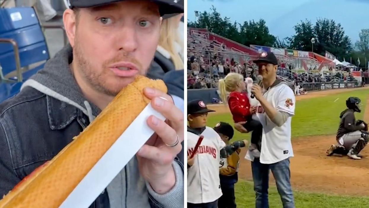 Michael Bublé eating a hot dog. Right: Michael Bublé at a baseball game with his kids.