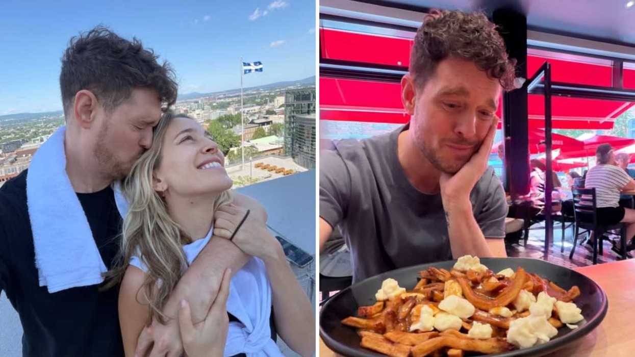 Michael Bublé et sa femme. Droite : Michael Bublé et sa poutine.