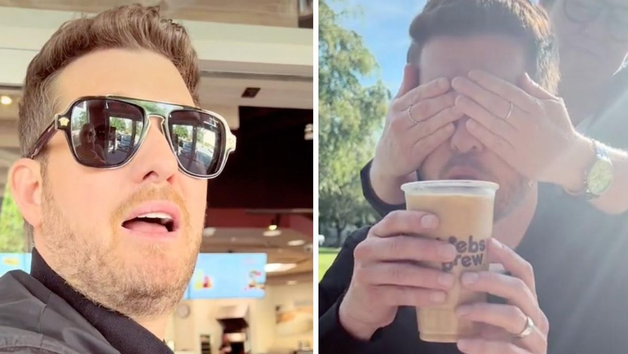 Michael Bublé going into Tim Hortons. Right: Michael Bublé drinking a Biebs Brew.