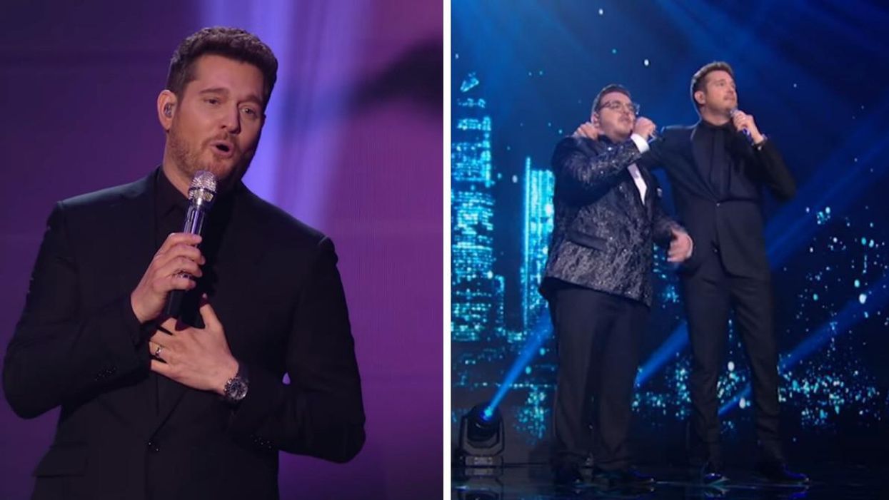 Michael Bublé on American Idol. Right: Christian Guardino and Michael Bublé singing together.