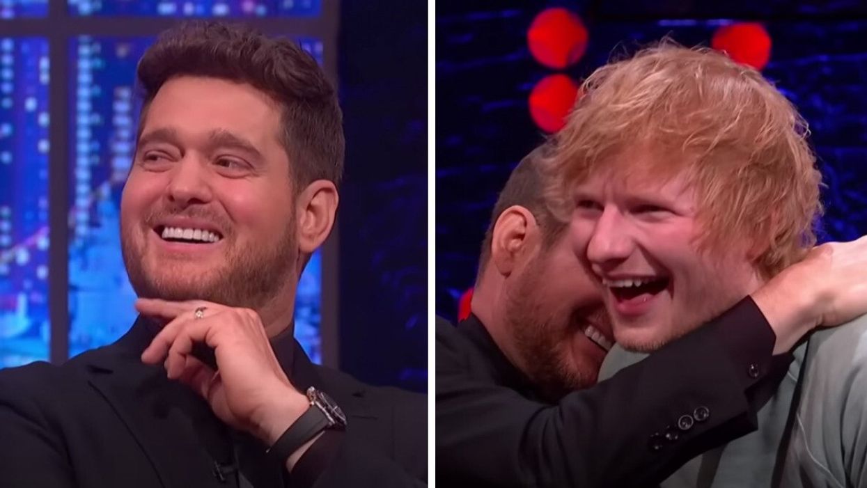 Michael Bublé on The Jonathan Ross Show. Right: Ed Sheeran laughng with Michael Bublé.