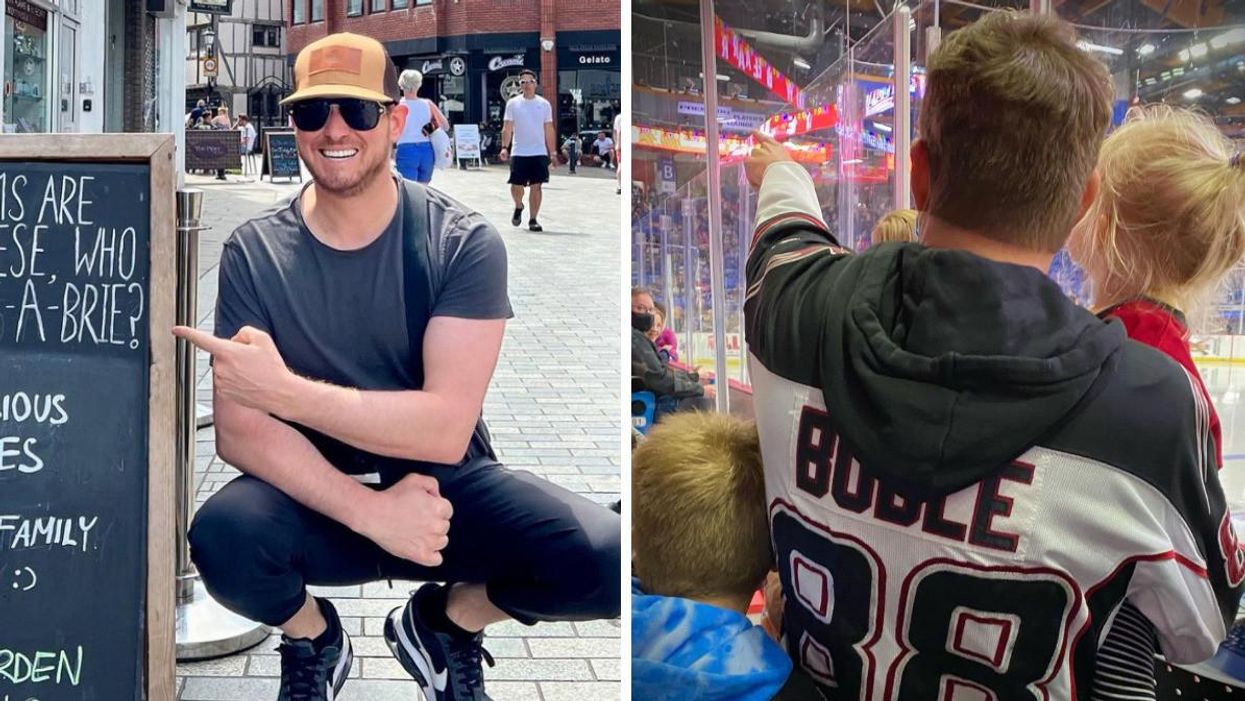 Michael Bublé pointing at a sign. Right: Michael Bublé at a Vancouver Giants game.