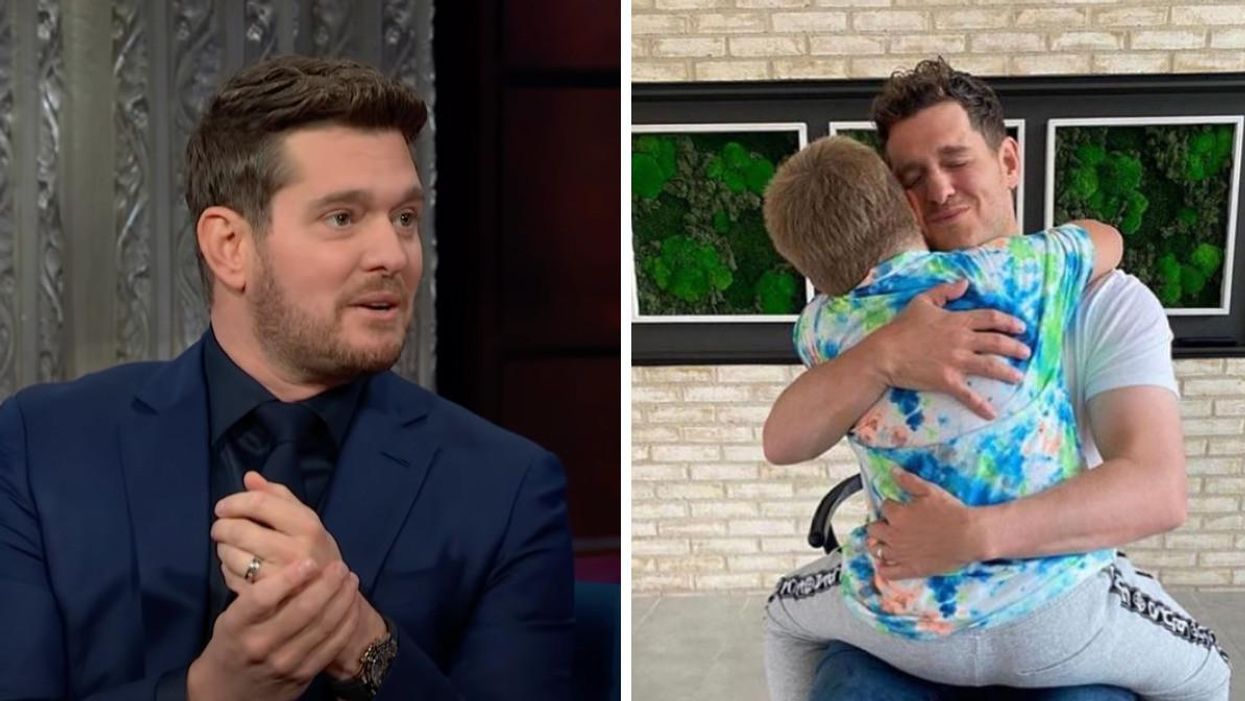 Michael Bublé. Right: Michael Bublé hugging his son.