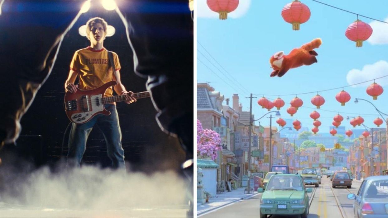 Michael Cera in Scott Pilgrim v.s. The World. Right: The red panda jumping over the city in Turning Red.