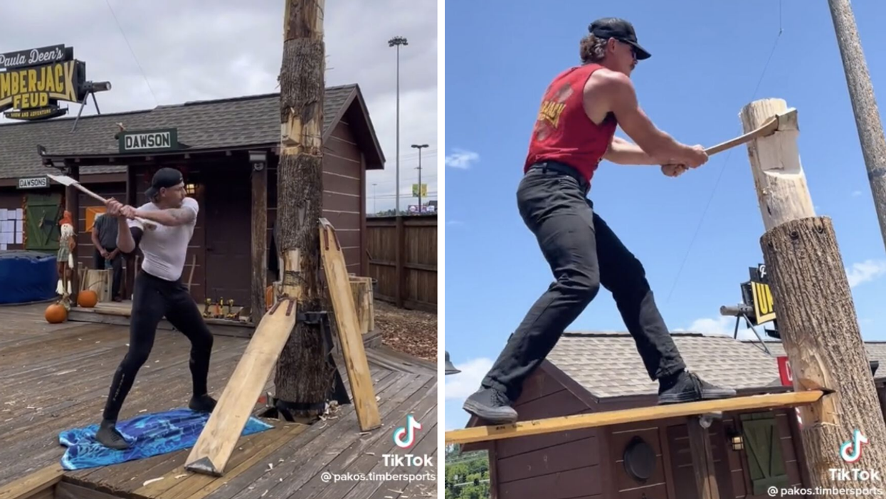 Michael Pakos in a white shirt chopping a log. Right: Pakos in a red tank top chopping wood.