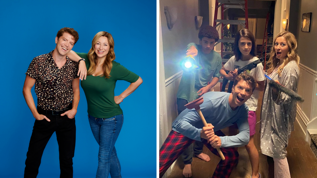 Michael Seater and Ashley Leggat. Right: Cast of the Disney film 'Life With Luca'.