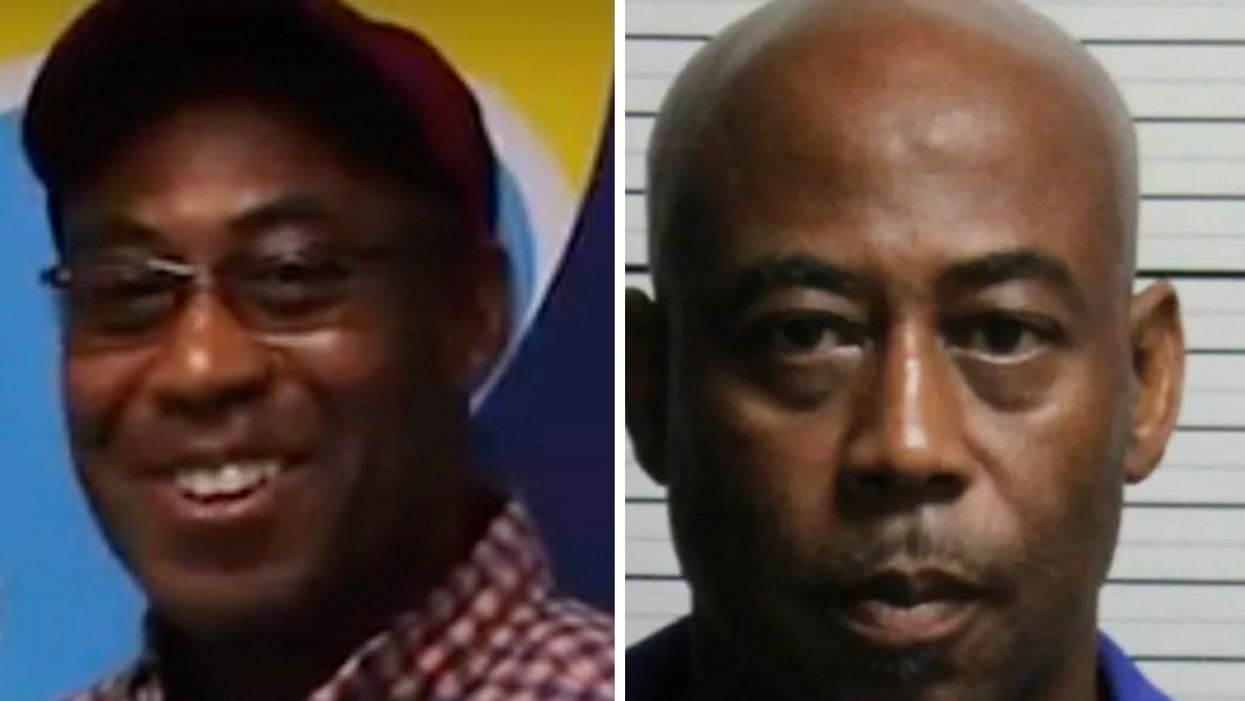 Michael Todd Hill winning the lottery. Right: Hill's mugshot.