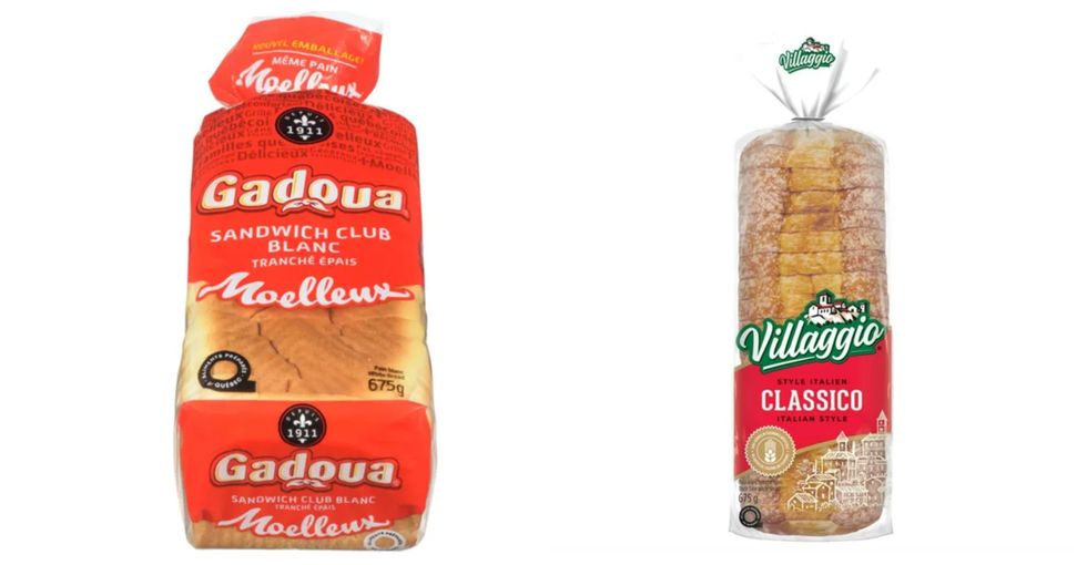Miche de pain tranch\u00e9 blanc Gadoua. Droite : Miche de pain tranch\u00e9 blanc Villaggio.