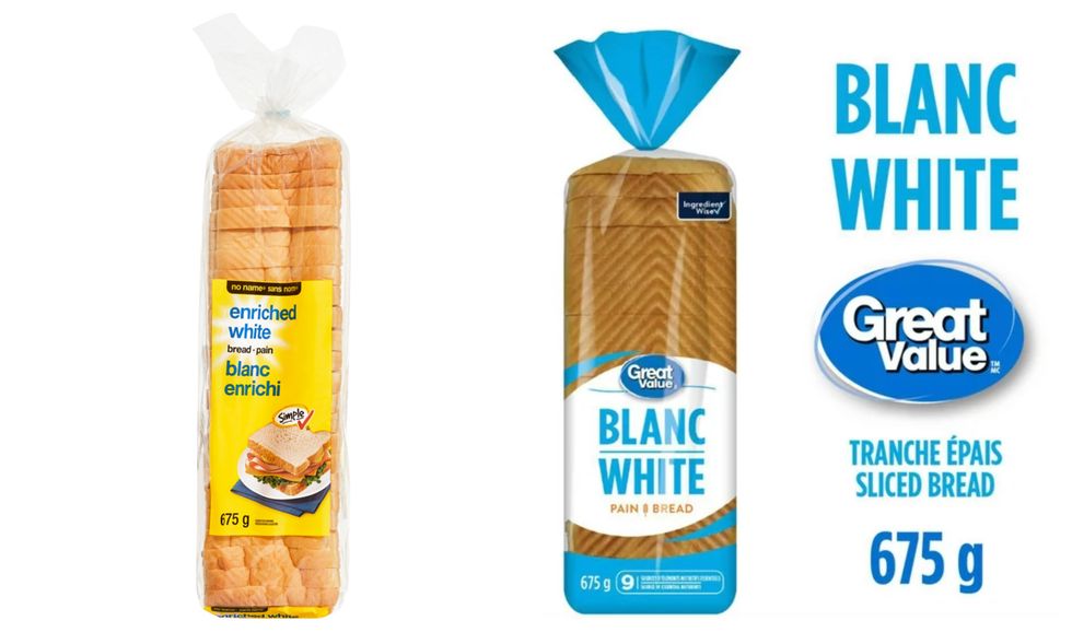 Miche de pain tranch\u00e9 blanc Sans Nom. Droite : Miche de pain tranch\u00e9 blanc Great Value.