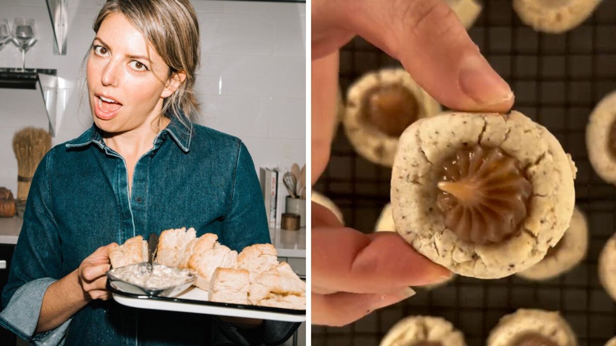 Michelle Rabin with tray of biscuits. Right: One of Michelle's cookies.