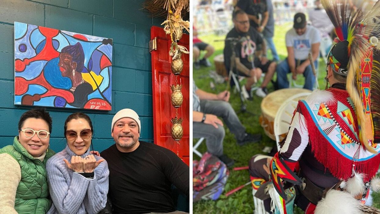 michelle yeoh at kiss my pans. right: na-me-res pow wow in toronto