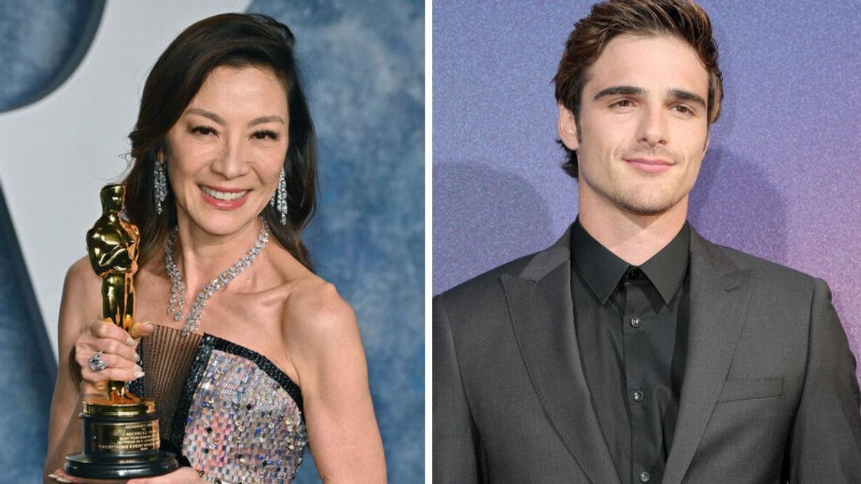 Michelle Yeoh holding an gold Oscar award. Right: Jacob Elordi dressed in an all-black suit smiling at the camera.