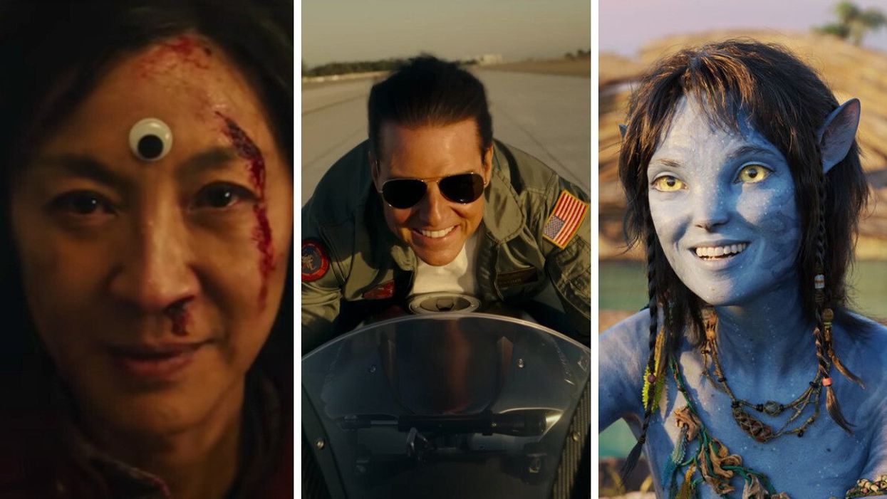 Michelle Yeoh in "Everything Everywhere All At Once." Middle: Tom Cruise in "Top Gun: Maverick." Right: Sigourney Weaver in "Avatar: The Way Of Water."