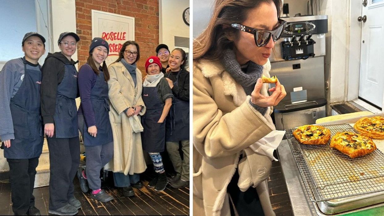 Michelle Yeoh standing with staff at Roselle Desserts. Right: Michelle Yeoh trying pastries at Roselle Desserts in Toronto.