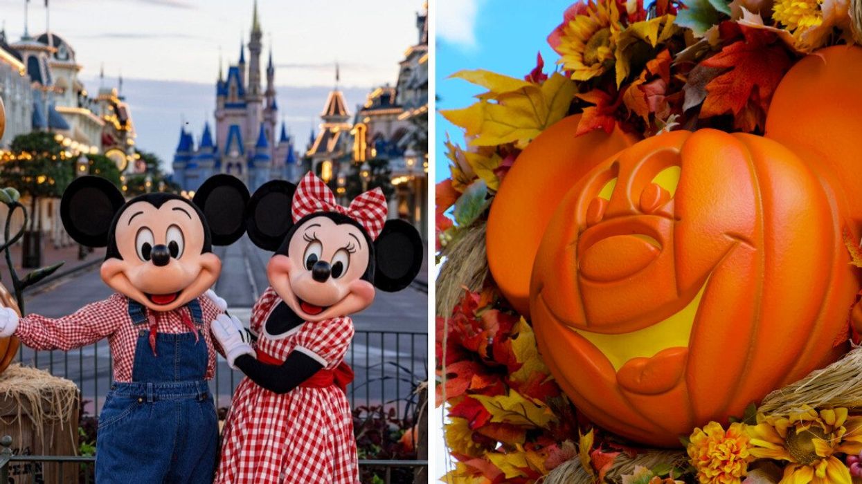Mickey and Minnie Mouse in their fall outfits. Right: Fall decor at Disney World.