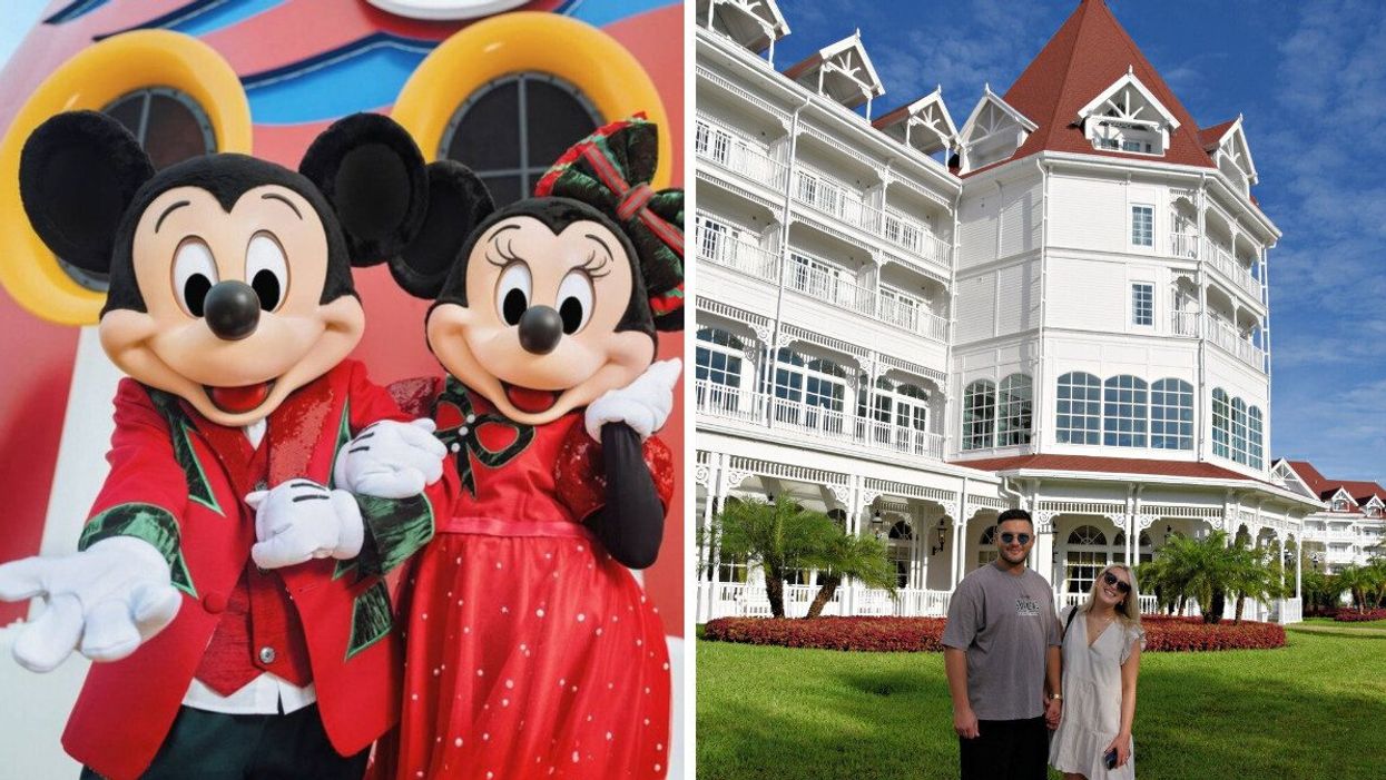 Mickey and Minnie Mouse pose for the camera in their red holiday clothes. Right: A couple pose and smile outside Disney World's Grand Floridian Hotel.