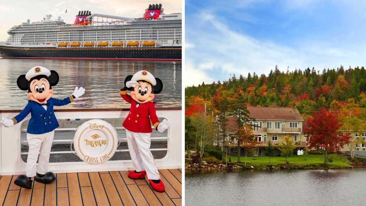Mickey and Minnie Mouse pose on a dock in front of a huge Disney Cruise Line ship. Right: A cozy fall scene in Halifax, Nova Scotia.