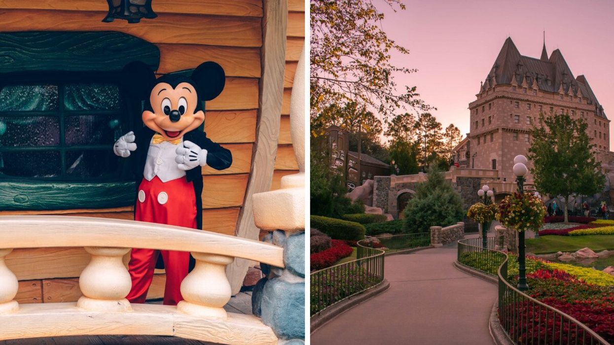 Mickey Mouse smiles outside a log cabin. Right: The Canada Pavilion in EPCOT.