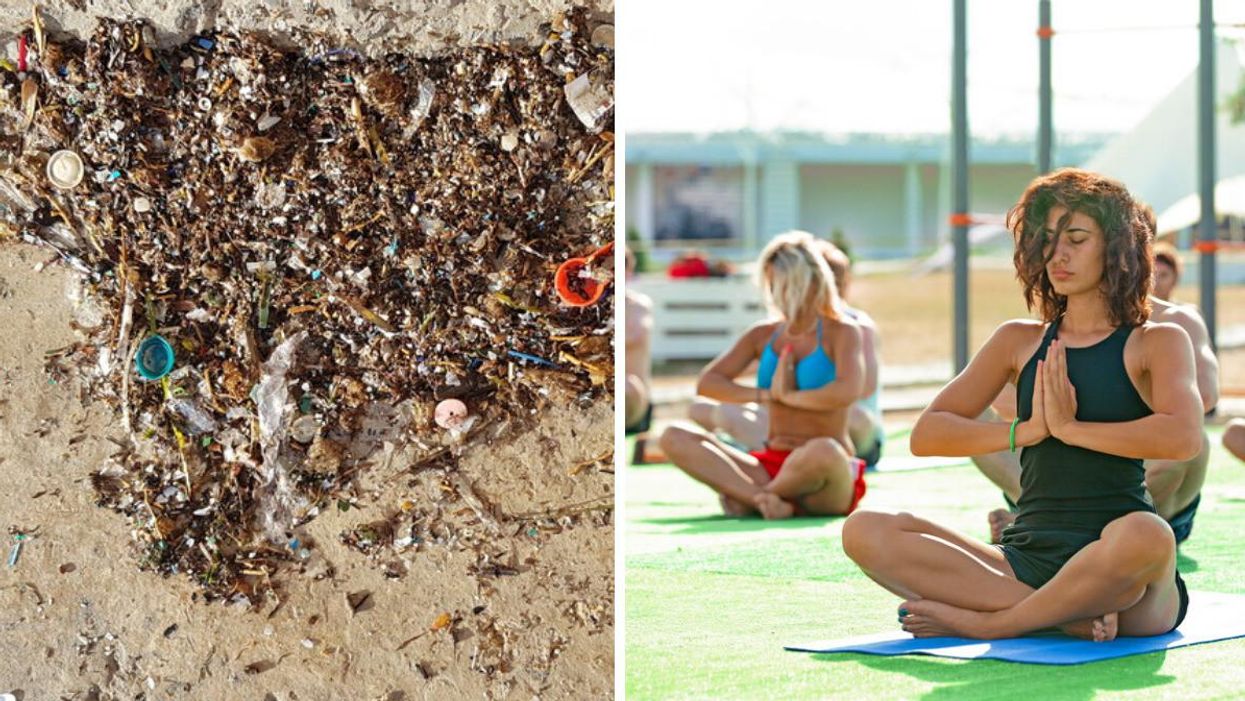 Microplastics on the sand of a beach. Right: People doing yoga at a park.