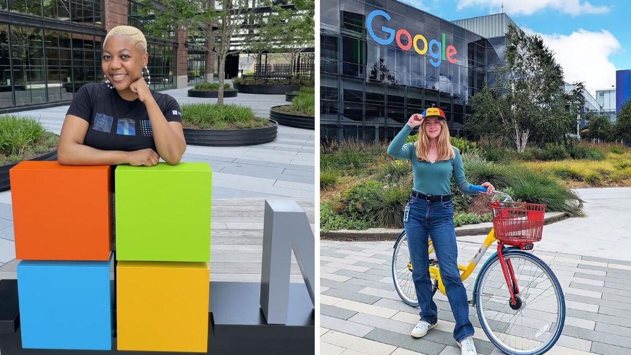 Microsoft employee in front of a Microsoft sign. Right: Google employee in front of a Google office building.