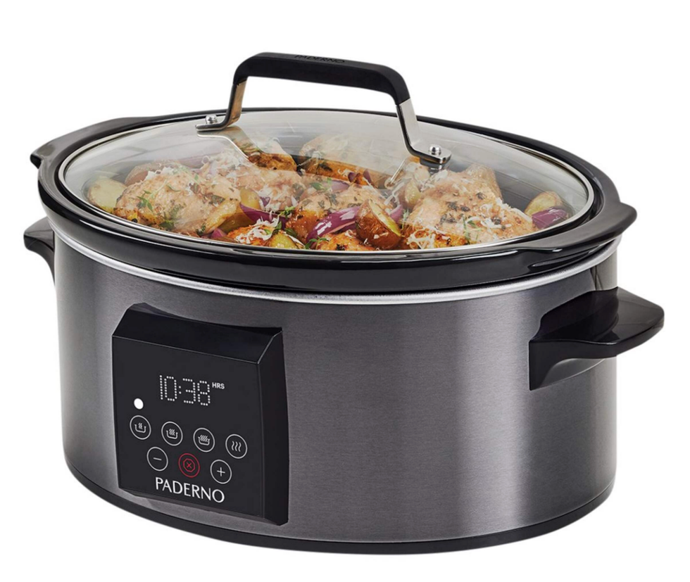 Mijoteuse programmable num\u00e9rique PADERNO 6 pintes en acier inoxydable noir avec affichage LED.