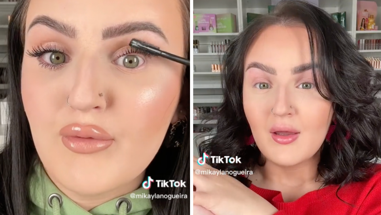 Mikayla Nogueira putting on mascara. Right: Mikayla Nogueira in her first video back online.