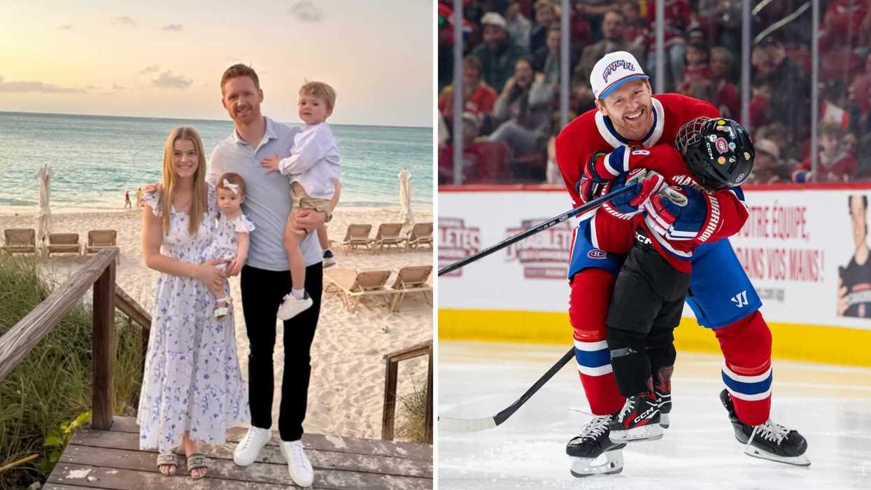 Mike Matheson et sa famille. Droite : Mike Matheson et son enfant sur la glace.