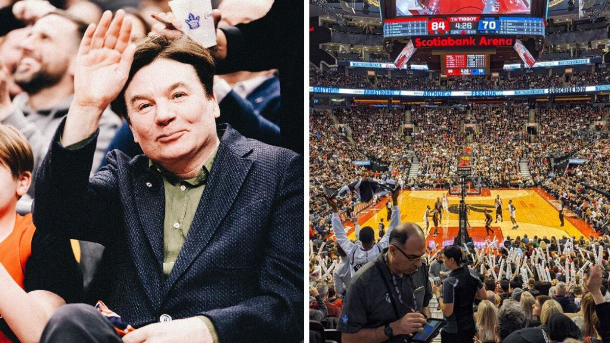 Mike Myers at Wednesday night's Toronto Raptors game. Right: Scotiabank Arena