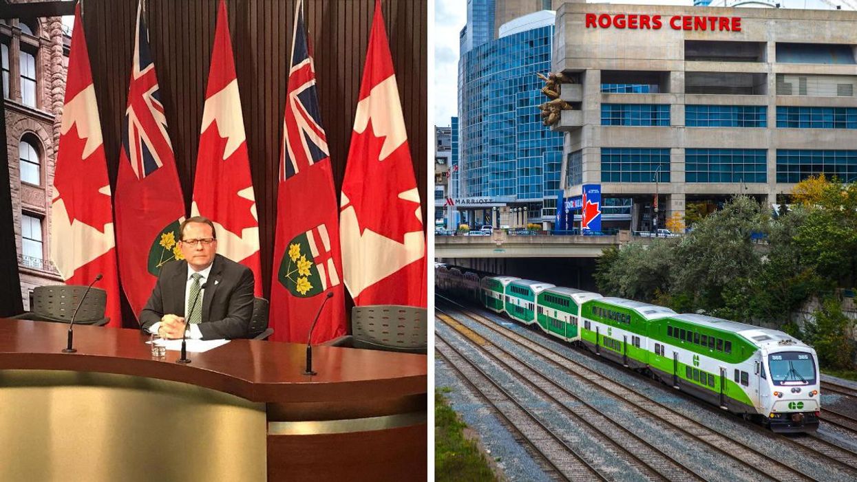 Mike Schreiner from the Ontario green party. Right: GO Train in Toronto.