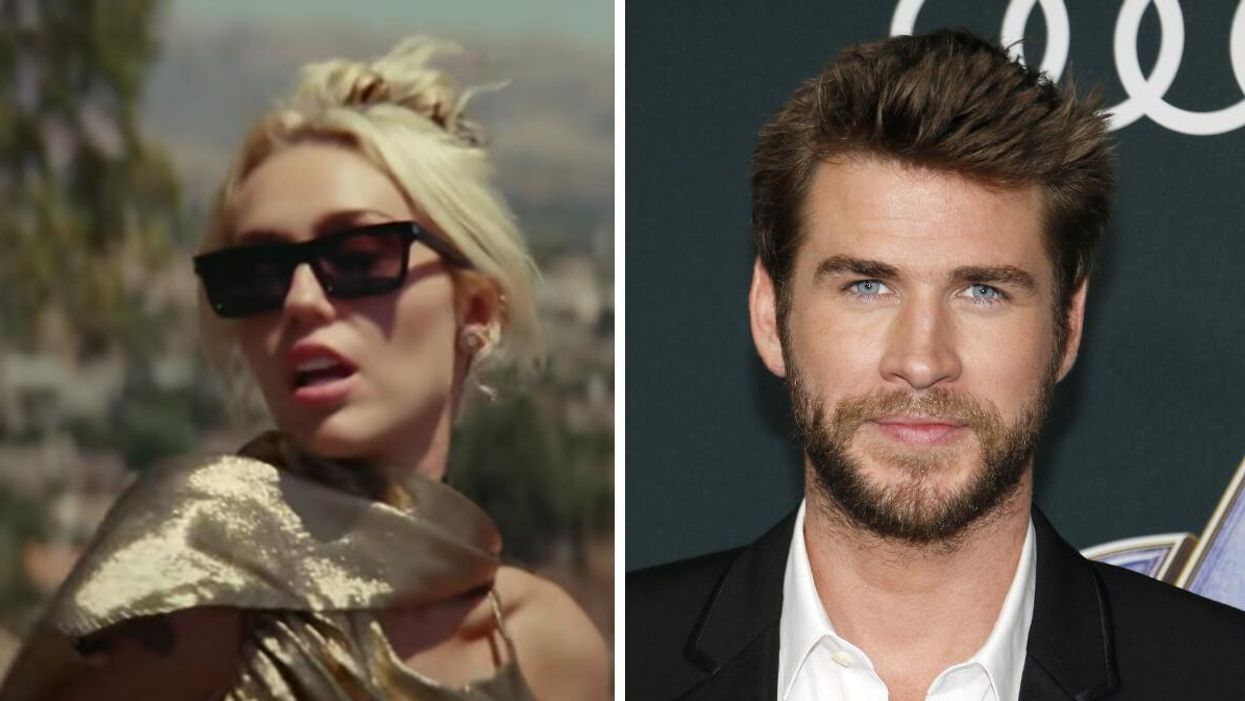 Miley Cyrus in her "Flowers" music video. Right Liam Hemsworth at the "Avengers: Endgame" world premiere in 2019.