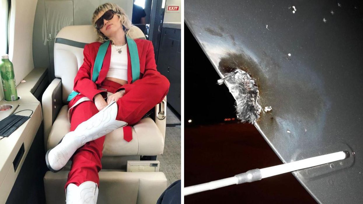 Miley Cyrus. Right: Damage to her aircraft.