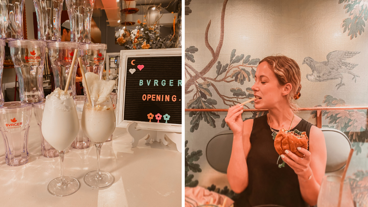 Milkshakes. Droite : Femme avec burger.