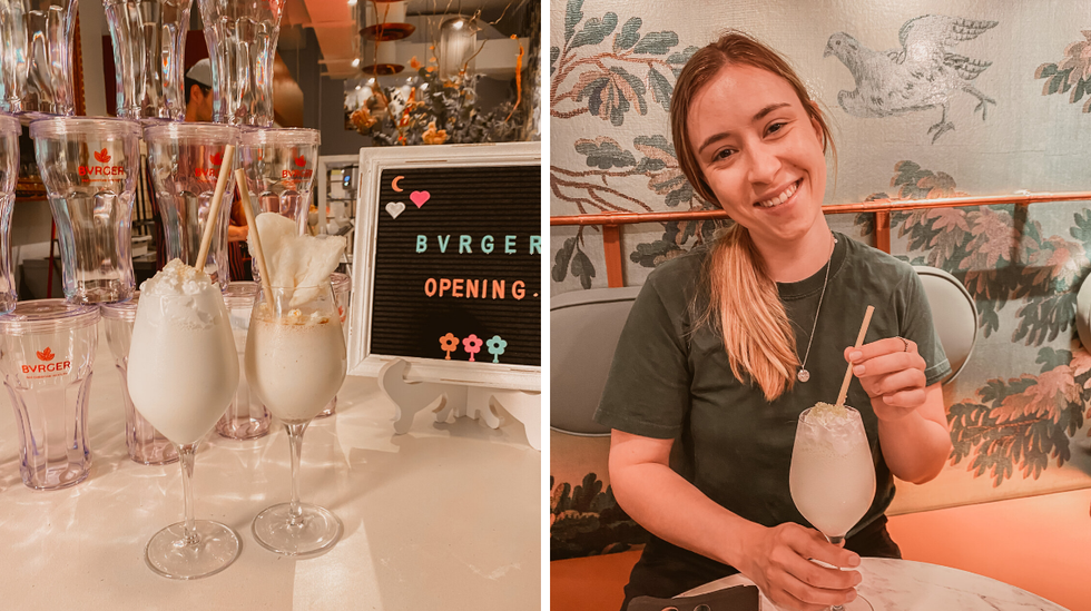 Milkshakes. Droite : Femme avec milkshake.