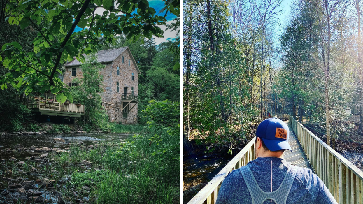 Mill of Kintail stone building. Right: Hiking on boardwalk bridge over the Indian River.