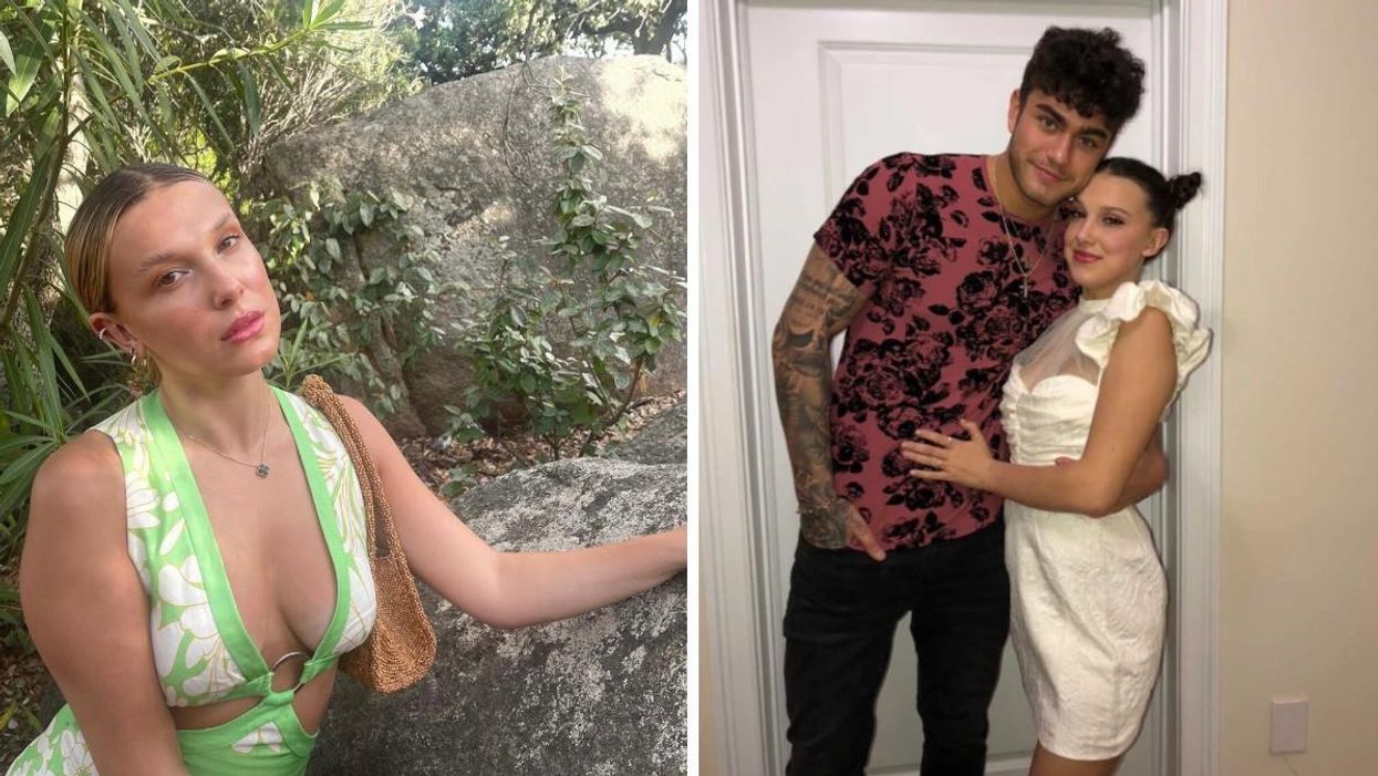 Millie Bobby Brown in a green dress outdoors. Right: Millie Bobby Brown and her ex-boyfriend Hunter Ecimovic.