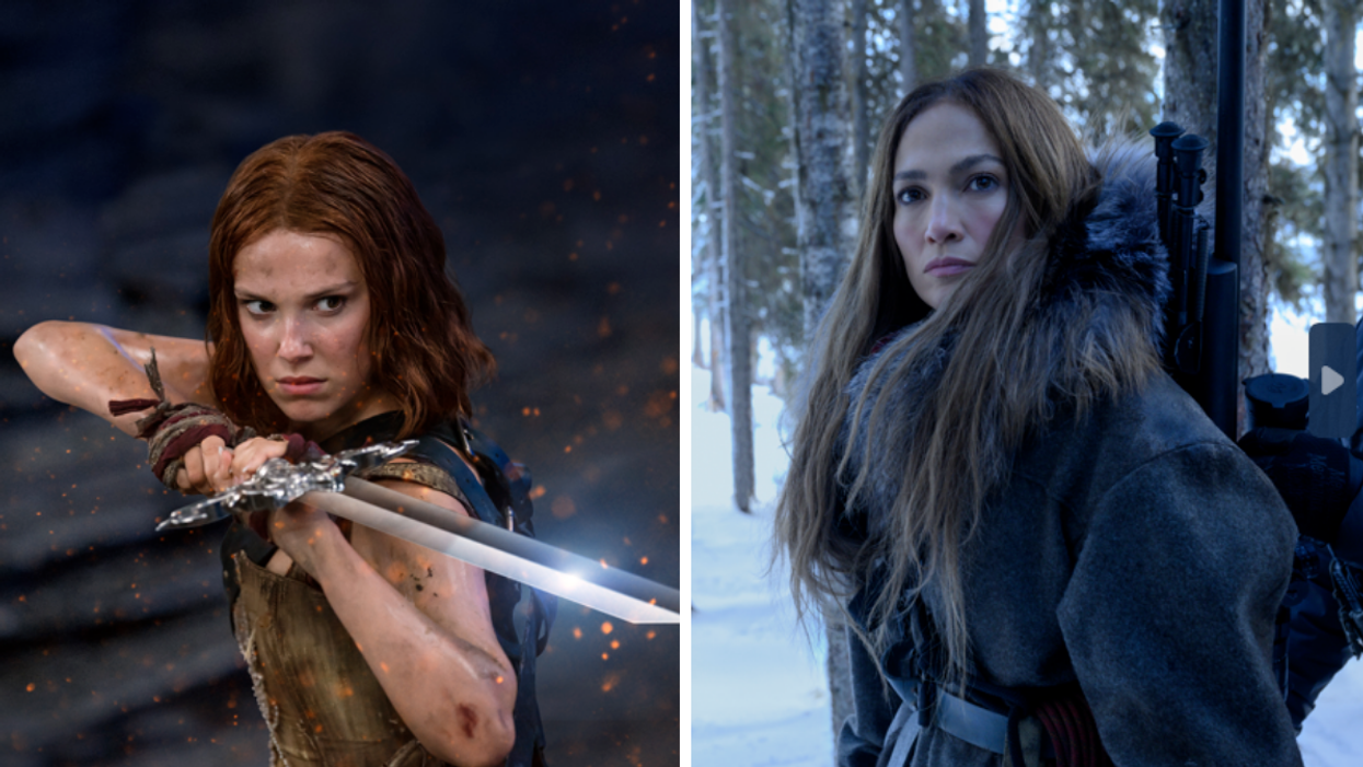 Millie Bobby Brown in "Damsel." Right: Jennifer Lopez in "The Mother."