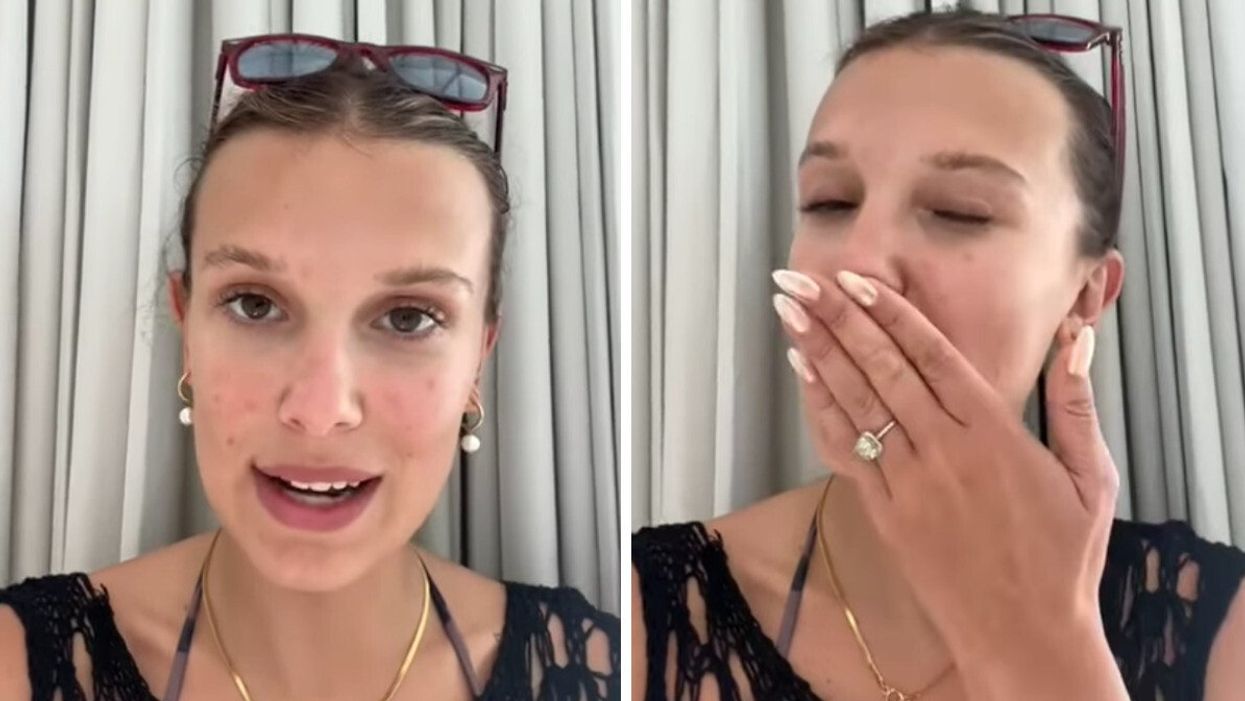 Millie Bobby Brown showing off her engagement ring.