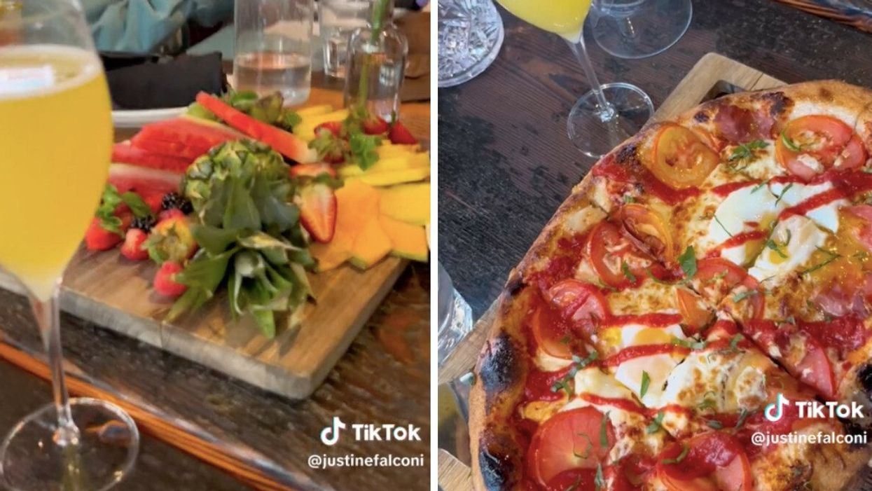 Mimosa seen with a fruit plate. Right: Breakfast pizza.