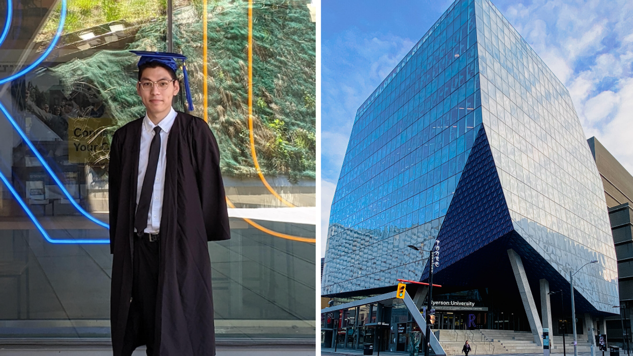 Minh Truong in his graduation gown. Right: Toronto Metropolitan University.