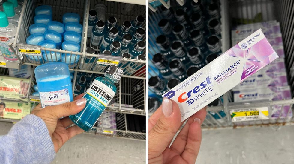 Mini antisudorifique et rince-bouche du Dollarama. Droite : Dentifrice miniature.